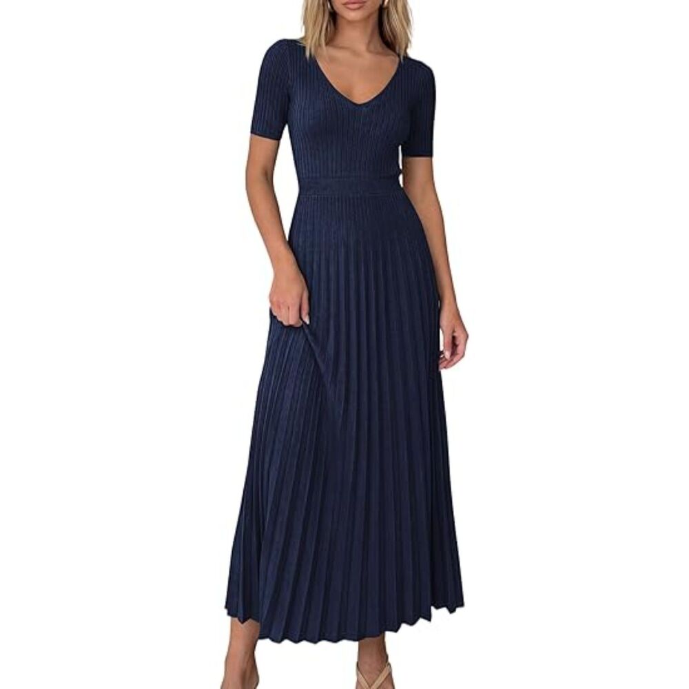 Women's Navy Blue Viscose V Neck Short Sleeve A Line Summer Casual Midi Dress